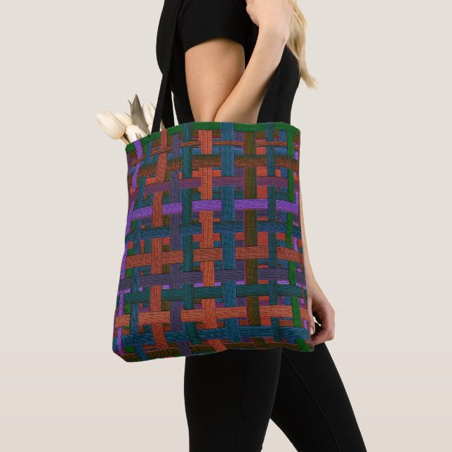 Dark coloured 'plaid' in cloth or canvas look tote bag (Close Up)