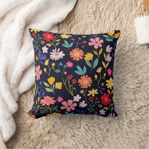 Dark Colourful Ditsy Floral Bohemian Pattern Cushion