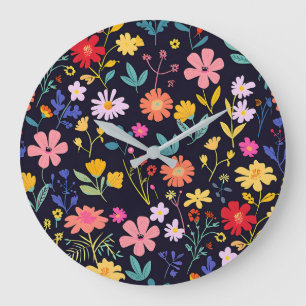 Dark Colourful Ditsy Floral Bohemian Pattern Large Clock