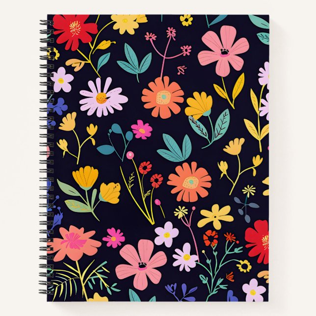 Dark Colourful Ditsy Floral Bohemian Pattern Notebook (Front)