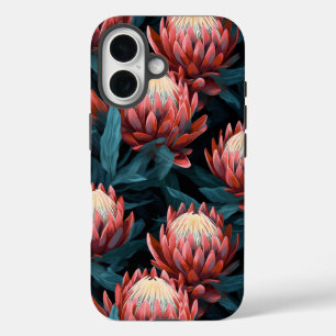 Dark Coral Bold Protea Floral Tough iPhone 16 Case