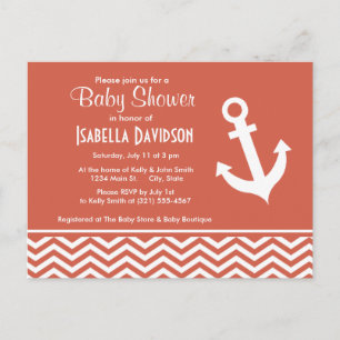 Dark Coral Chevron; Anchor Invitation Postcard