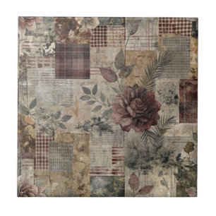Dark Cottage Floral Patchwork -Burgundy & Charcoal Ceramic Tile