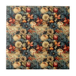 Dark Cottagecore Autumn Pumpkin Floral Ceramic Tile