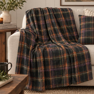 Dark Cottagecore Black Rust Autumn Plaid Fleece Blanket