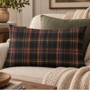 Dark Cottagecore Black Rust Autumn Plaid Lumbar Cushion