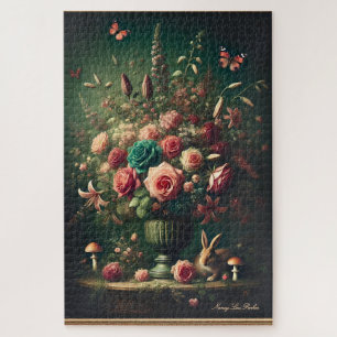 Dark Cottagecore Floral Bunny Mushroom Bouquet Jigsaw Puzzle