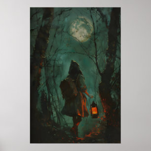 Dark Cottagecore Forest Girl Art Print, Full Moon Poster