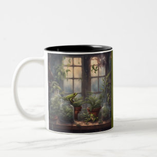 Dark Cottagecore Frogs and Plants Window Two-Tone Coffee Mug