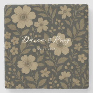 Dark Cottagecore Rustic Farmhouse Floral Wedding Stone Coaster