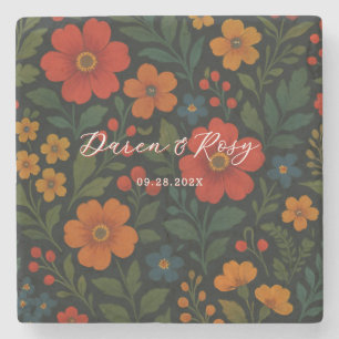 Dark Cottagecore Rustic Farmhouse Floral Wedding Stone Coaster
