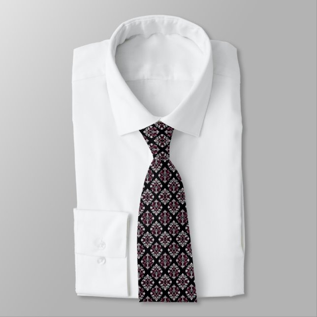 Dark Cranberry Red, Black & White Art Deco Pattern Tie (Tied)