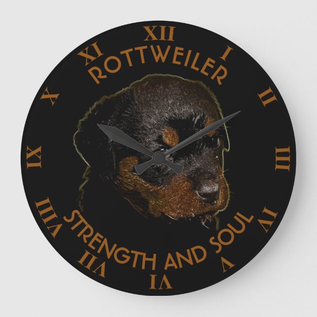 Dark Cute Rottweiler Puppy Dog Large Clock (Front)