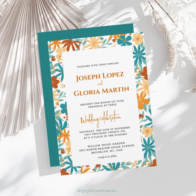 Dark Cyan Abstract Wildflower Bright Boho wedding Invitation (Creator Uploaded)