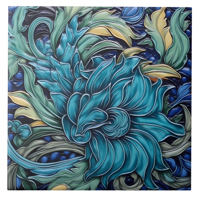 Dark Cyan and Green Art Nouveau Floral Motif Ceramic Tile (Front)