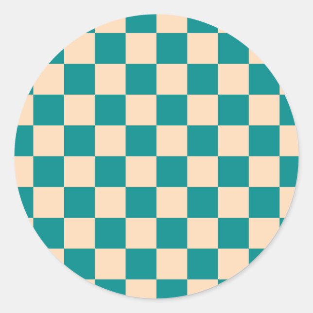 Dark Cyan and Soft Peach Chequerboard Classic Round Sticker (Front)