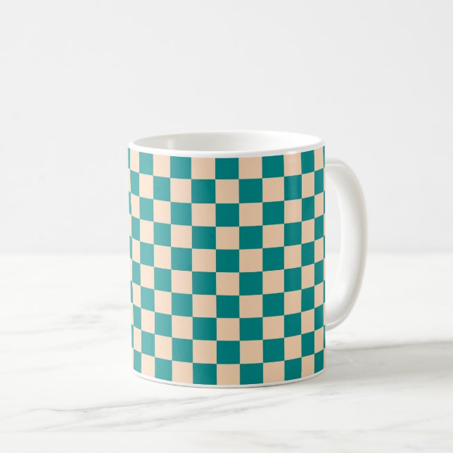 Dark Cyan and Soft Peach Chequerboard Coffee Mug (Front Right)