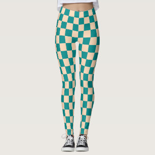 Dark Cyan and Soft Peach Chequerboard Leggings