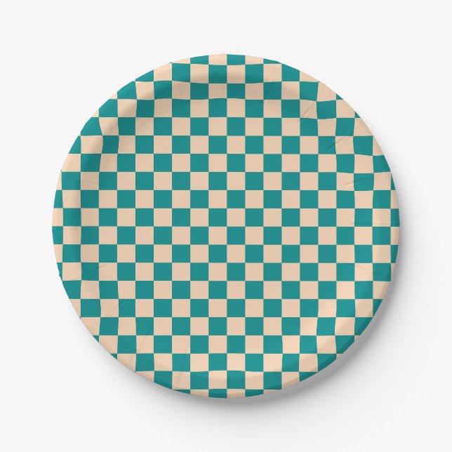 Dark Cyan and Soft Peach Chequerboard Paper Plate (Front)