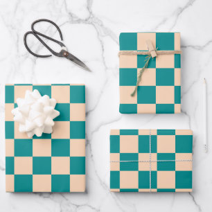 Dark Cyan and Soft Peach Chequerboard Wrapping Paper Sheet