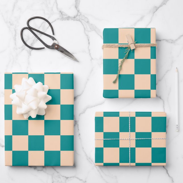 Dark Cyan and Soft Peach Chequerboard Wrapping Paper Sheet (Front)