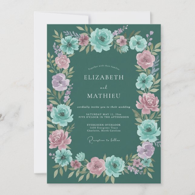 Dark Cyan Bloom Wedding Invitation (Front)