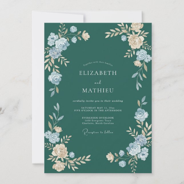 Dark Cyan Blossom Wedding Invitation (Front)