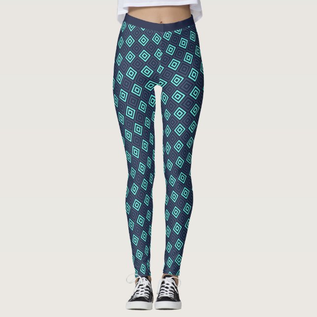 Dark Cyan Blue Aquamarine Squares Pattern Fitness Leggings (Front)