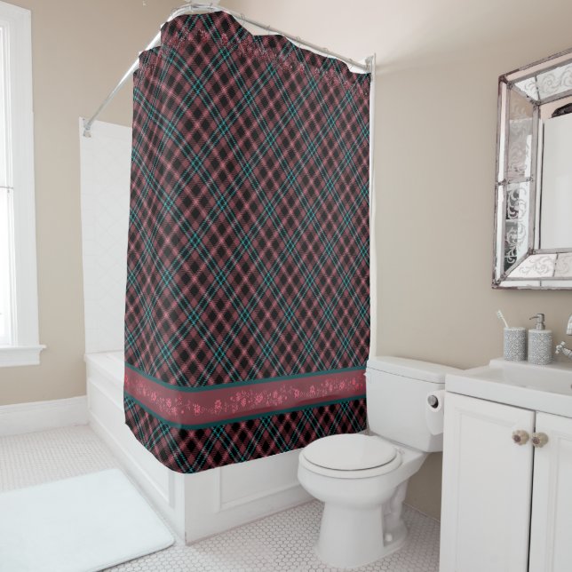 Dark Cyan-Blush-Black Watch Shower Curtain (In Situ)