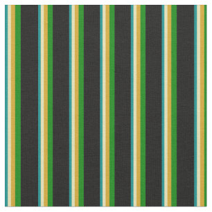 Dark Cyan, Tan, Goldenrod, Green, and Black Lines Fabric