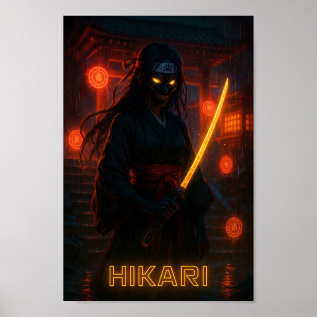 Dark Cyberpunk Anime Girl with a Glowing Katana Poster (Front)