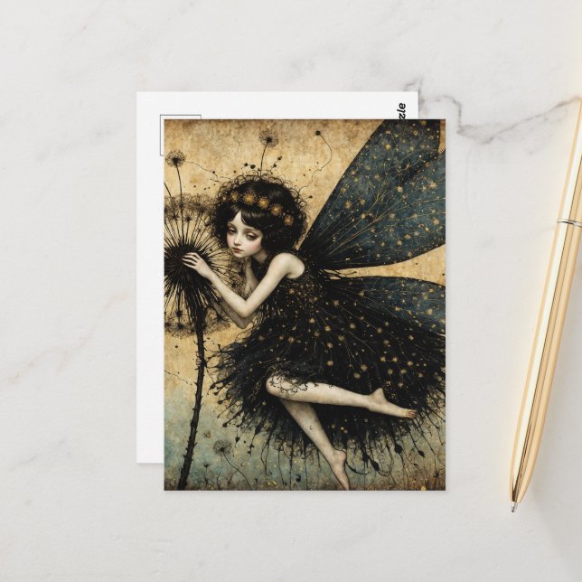 Dark Dandelion Fairy Postcard (Front/Back In Situ)