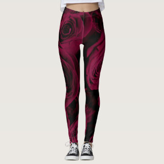 Dark deep red magenta burgundy roses  leggings