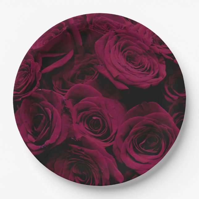 Dark deep red magenta burgundy roses  paper plate (Front)