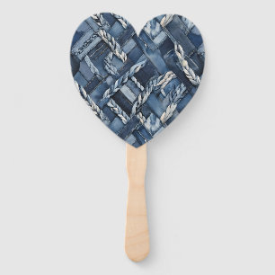 Dark Distressed Denim Patchwork And Braids Hand Fan