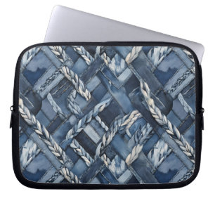 Dark Distressed Denim Patchwork And Braids Laptop Sleeve