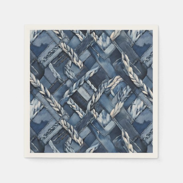 Dark Distressed Denim Patchwork And Braids Napkin (Front)