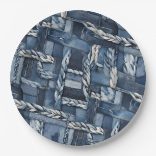 Dark Distressed Denim Patchwork And Braids Paper Plate