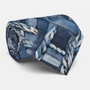 Dark Distressed Denim Patchwork And Braids Tie