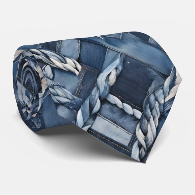 Dark Distressed Denim Patchwork And Braids Tie (Rolled)