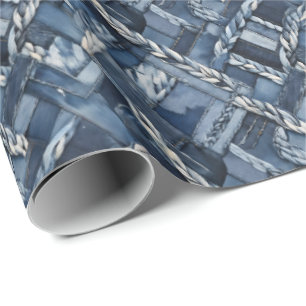 Dark Distressed Denim Patchwork And Braids Wrapping Paper