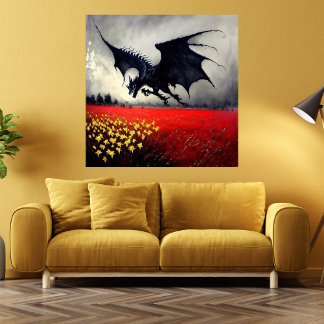 Dark dragon flower field fantasy ink art print