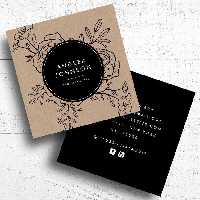 Dark Drawn Floral Rustic Kraft Botanical Modern Square Business Card (Creator Uploaded)