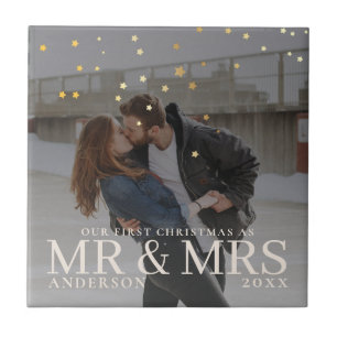 Dark Dusky Couple Photo with Stars for Christmas Ceramic Tile