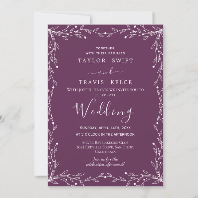 Dark Eggplant Minimal Leaf Wedding Invitation (Front)