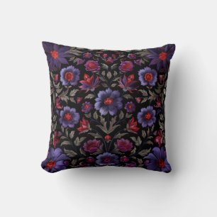 Dark Elegance: Black and Purple Floral Pattern  Cushion