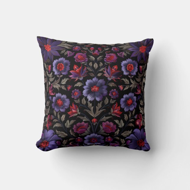 Dark Elegance: Black and Purple Floral Pattern  Cushion (Front)