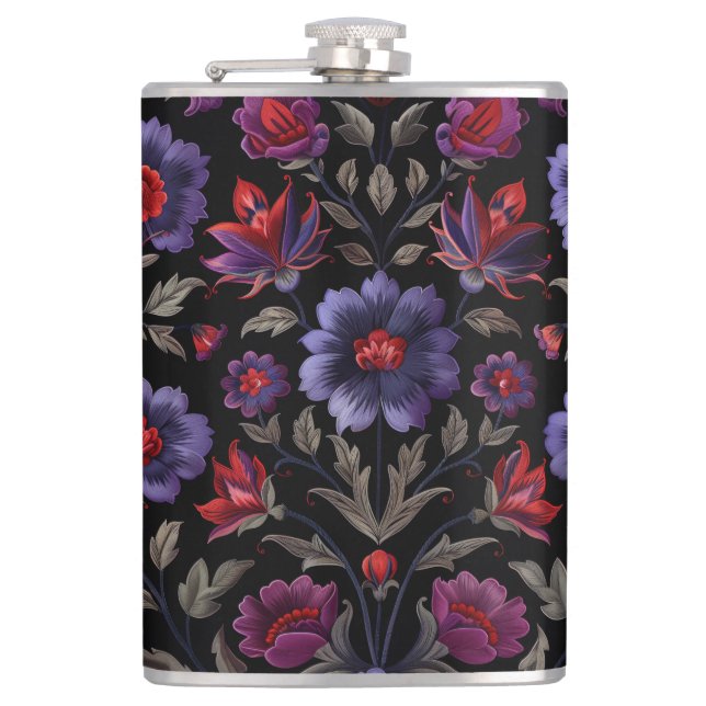 Dark Elegance: Black and Purple Floral Pattern  Hip Flask (Front)