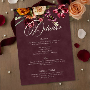 Dark Elegant Autumn Floral Burgundy Wedding Detail Enclosure Card