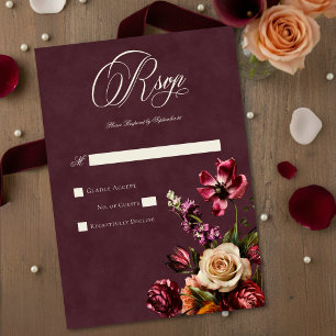 Dark Elegant Autumn Floral Burgundy Wedding RSVP Card